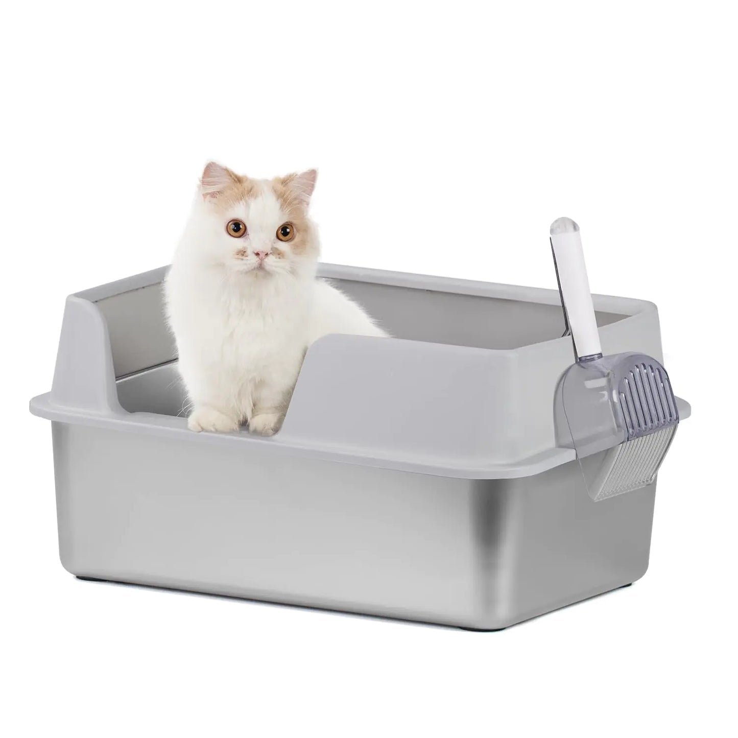 Medario Stainless Steel Cat Litter Box with Scoop Large Litter Box with High Sided Walls Durable Metal Kitty Litter Box with Enclosure Odorless No Leakage Easy to Clean (Grey)